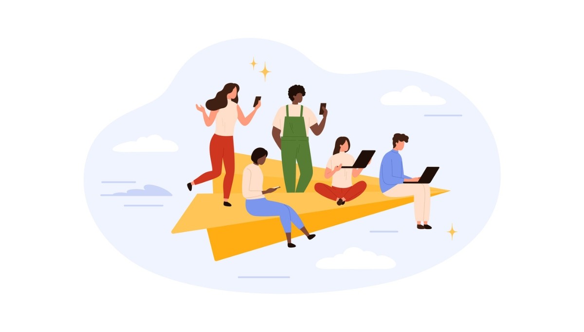 Illustration of two people adjusting interlocking gears within a circular arrow loop, surrounded by charts and checklists.