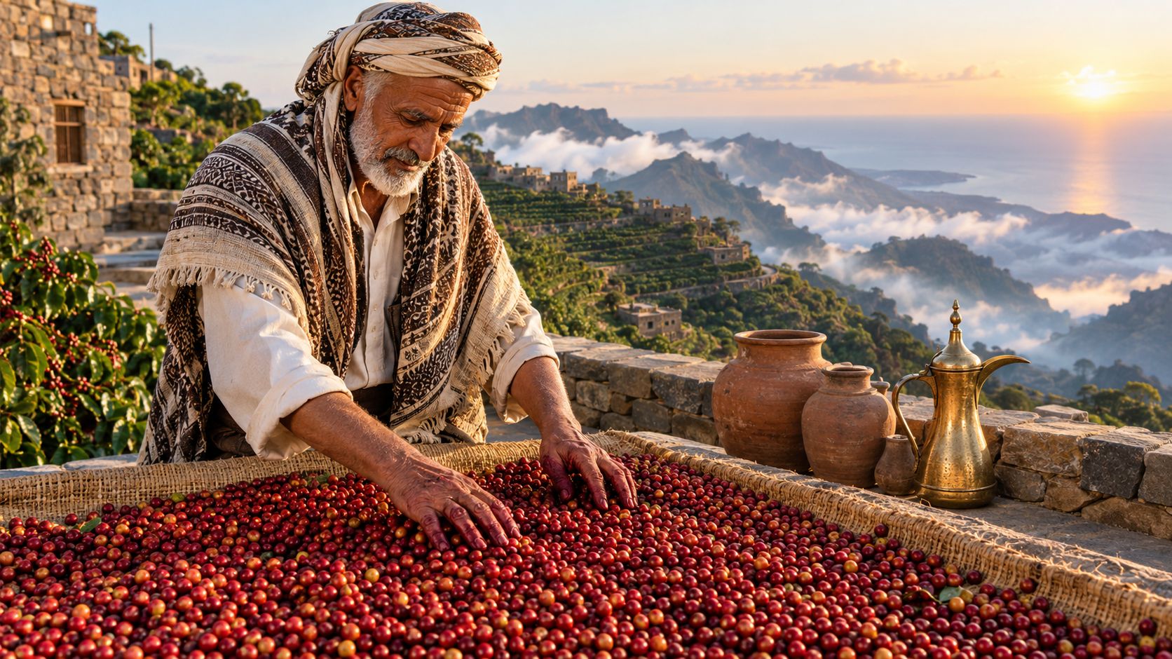 An elderly man in traditional clothing processes fresh red coffee cherries on a sunlit mountain terrace.