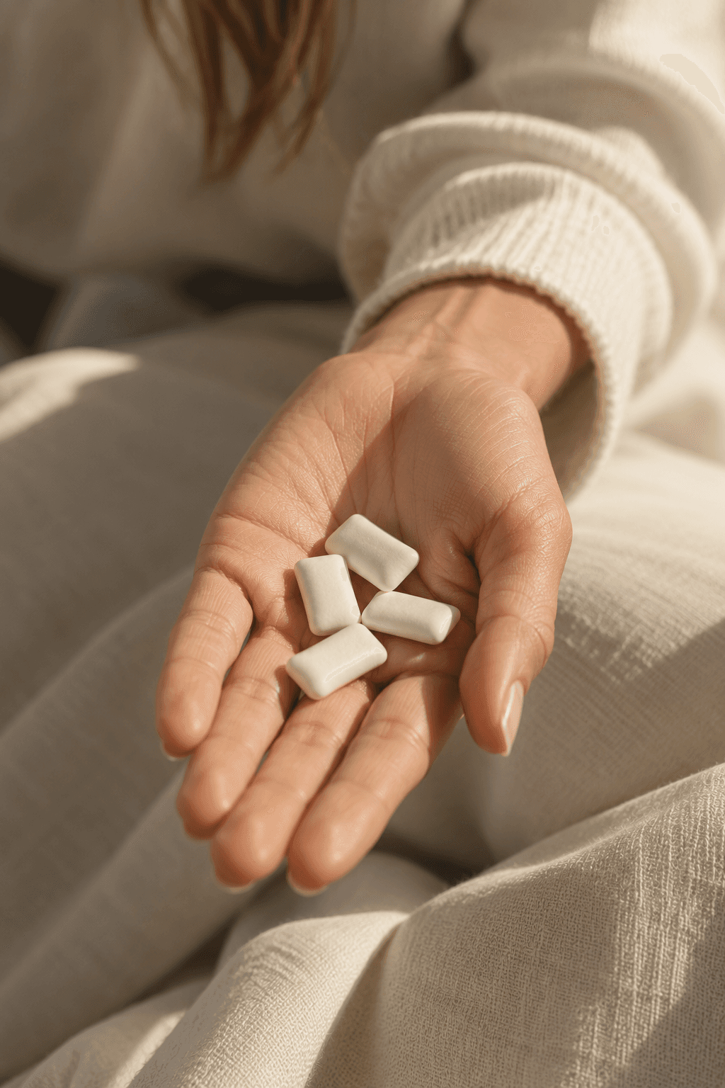 An open hand holding four pieces of Hiven gum