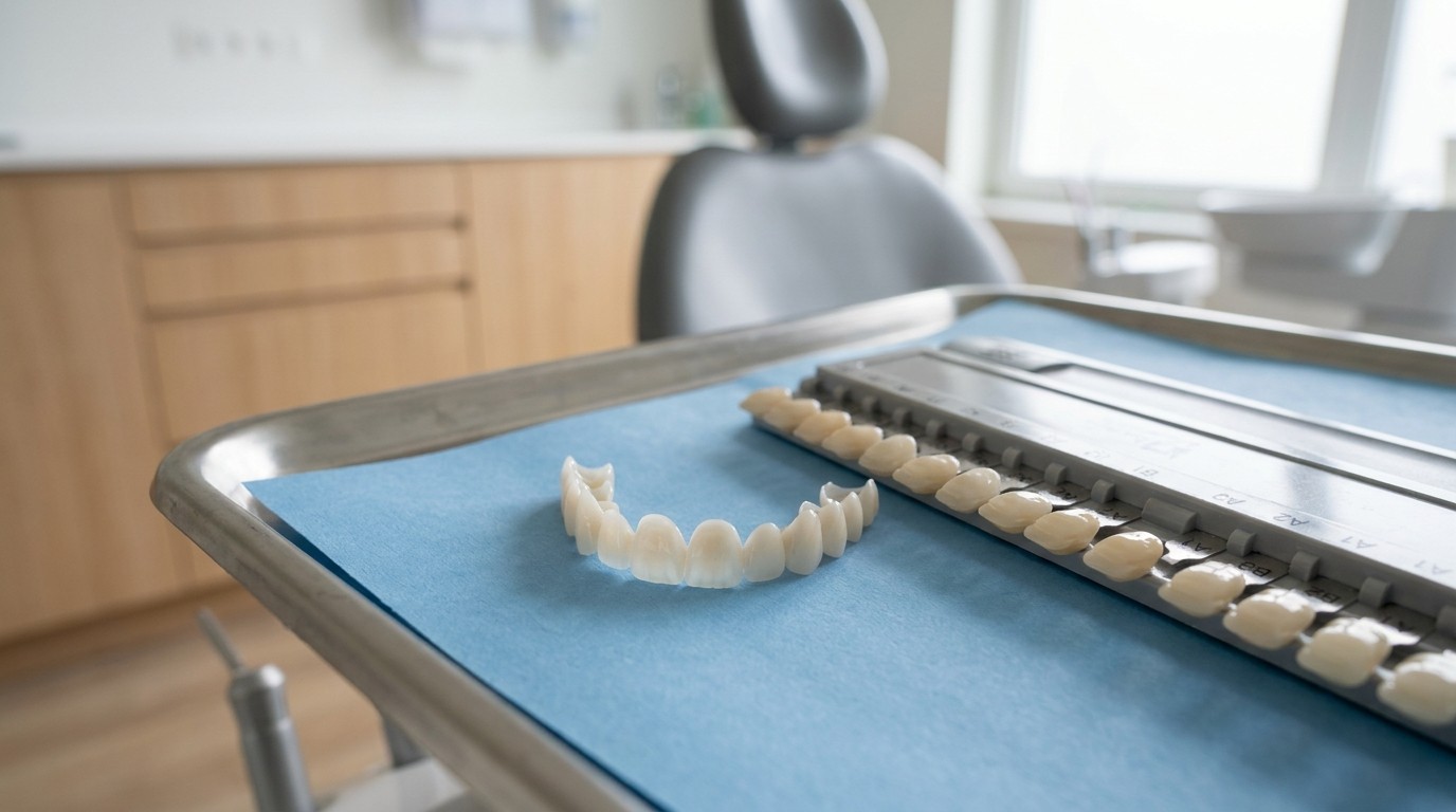 Porcelain veneers and a tooth shade guide on a tray in a bright dental office.