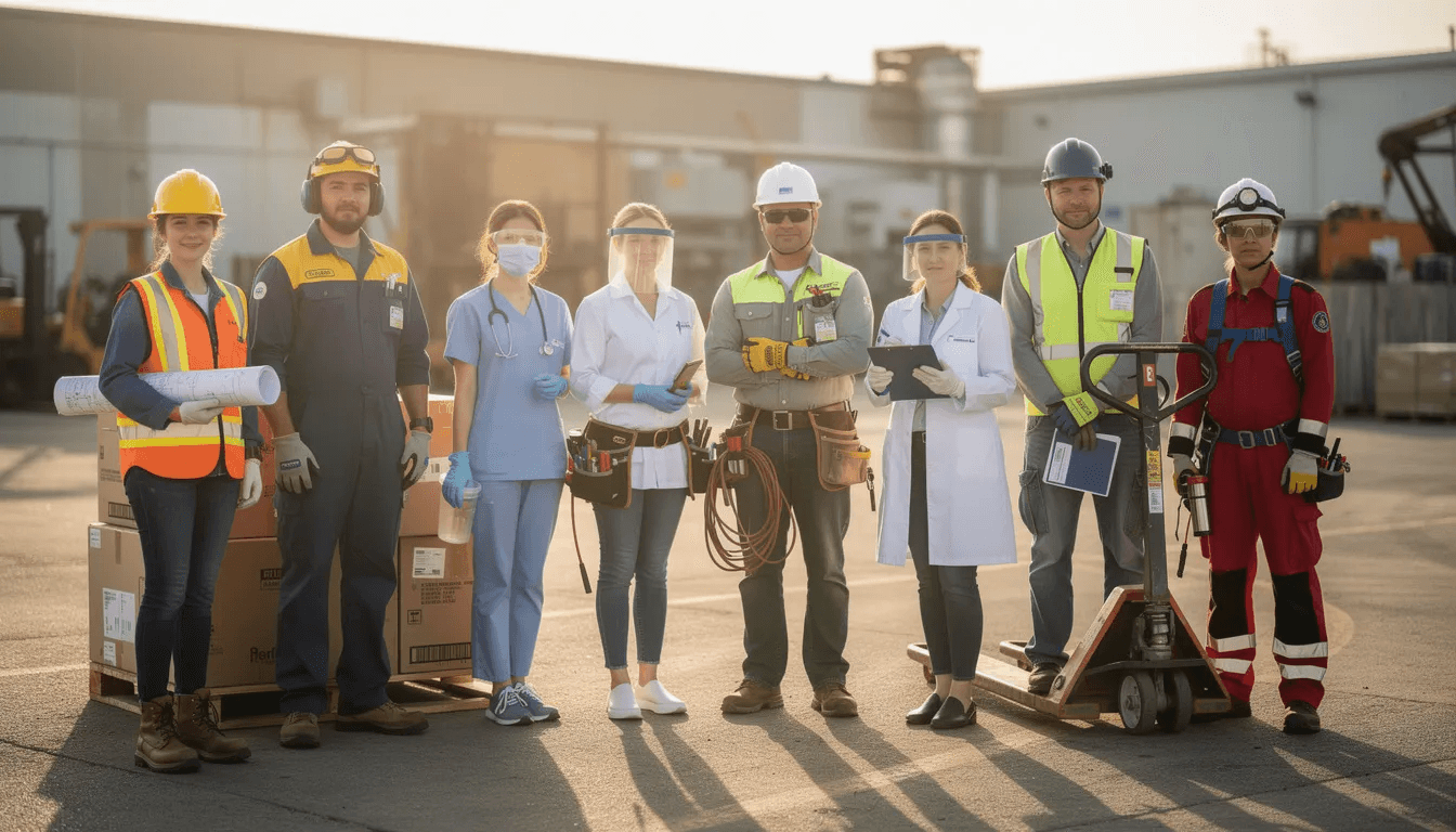 The image depicts a diverse group of workers wearing safety equipment, representing various industries such as construction and manufacturing. They are engaged in activities that emphasize workplace safety and compliance with OSHA standards, highlighting the importance of health programs and training to ensure worker safety.