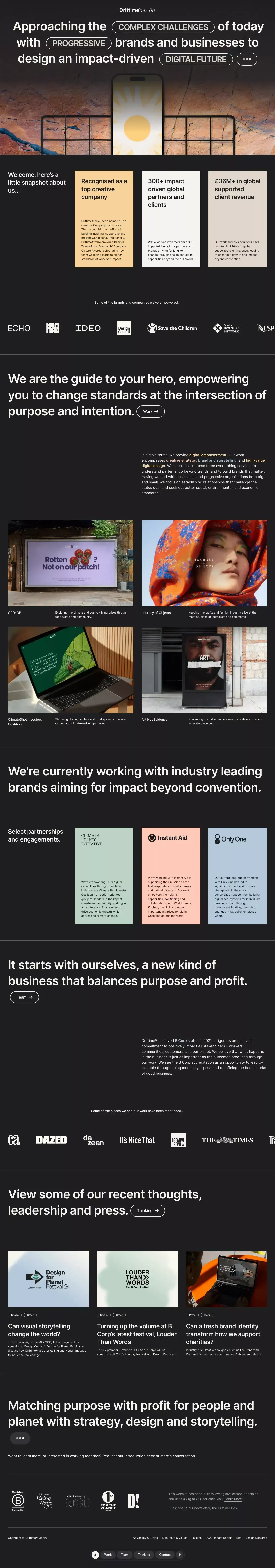 Driftime® Media – A Design & Impact Agen portfolio page screenshot showcasing Design design