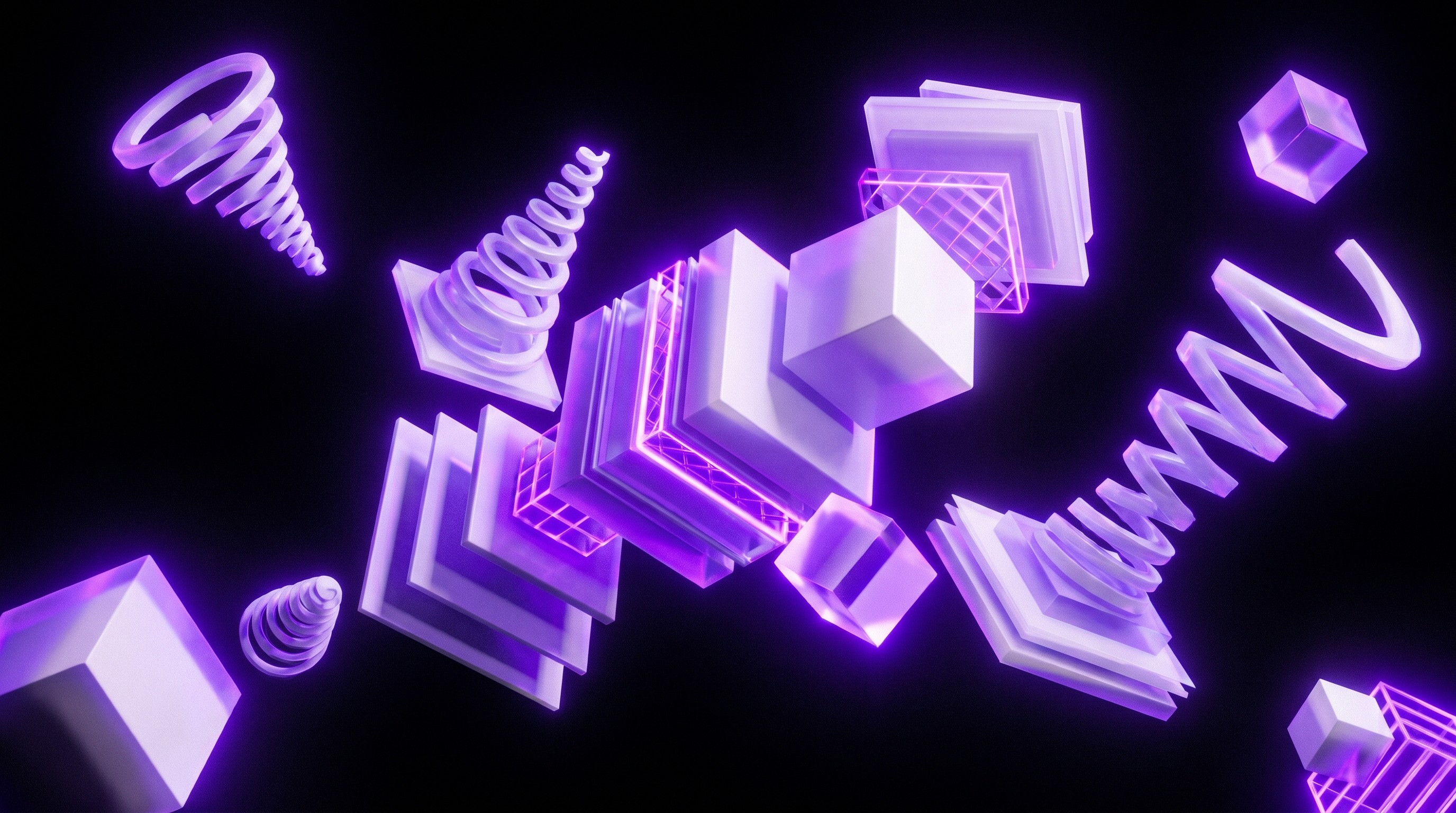 Abstract 3D geometric shapes floating in deep space—white and lavender forms with electric purple neon glow, representing integrated data metrics.