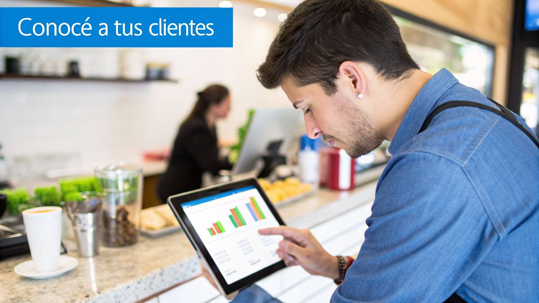 Joven empresario analizando datos de clientes en una tablet, con gráficos de negocio para optimizar su cafetería.