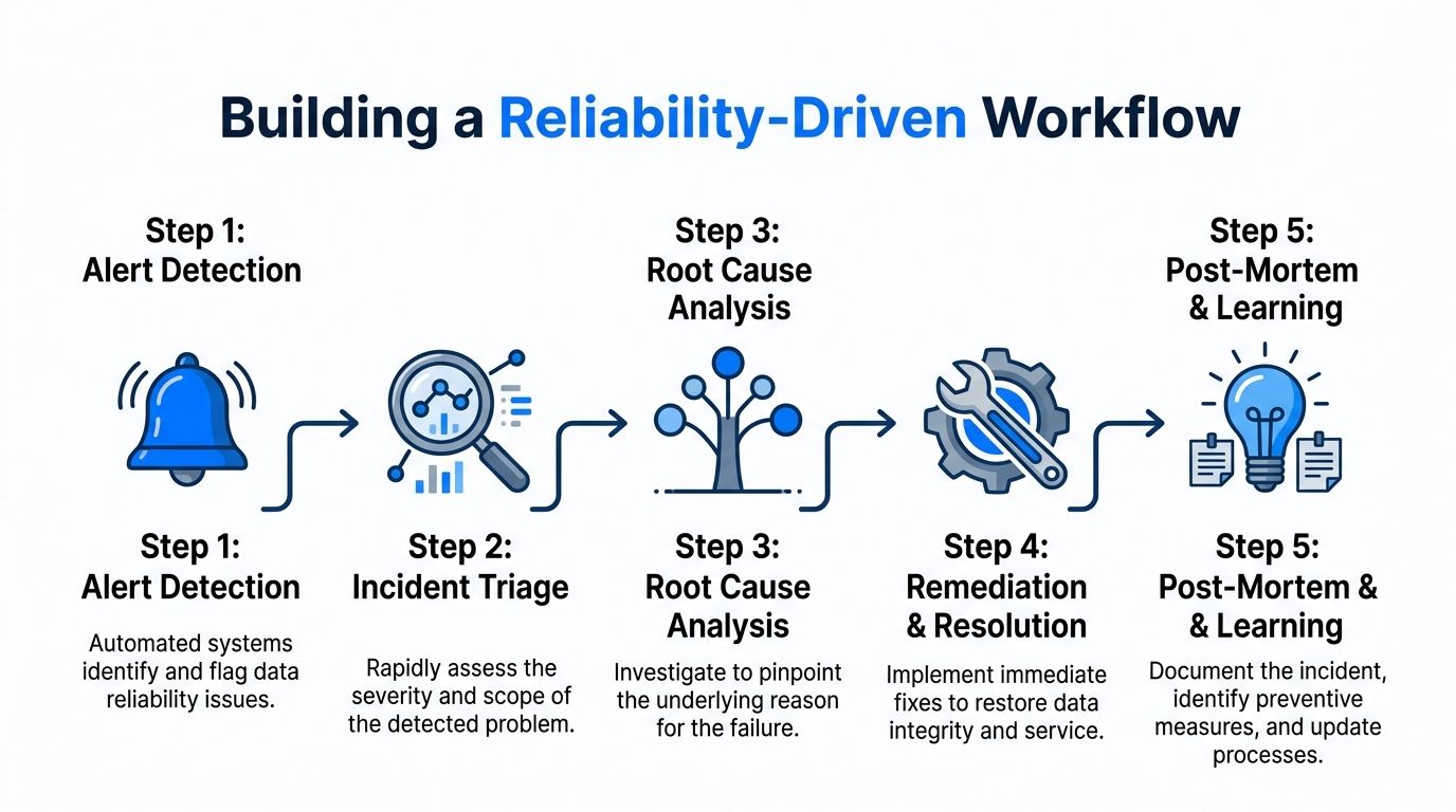A five-step reliability-driven workflow infographic illustrating the process from alert detection to post-mortem learning and resolution.