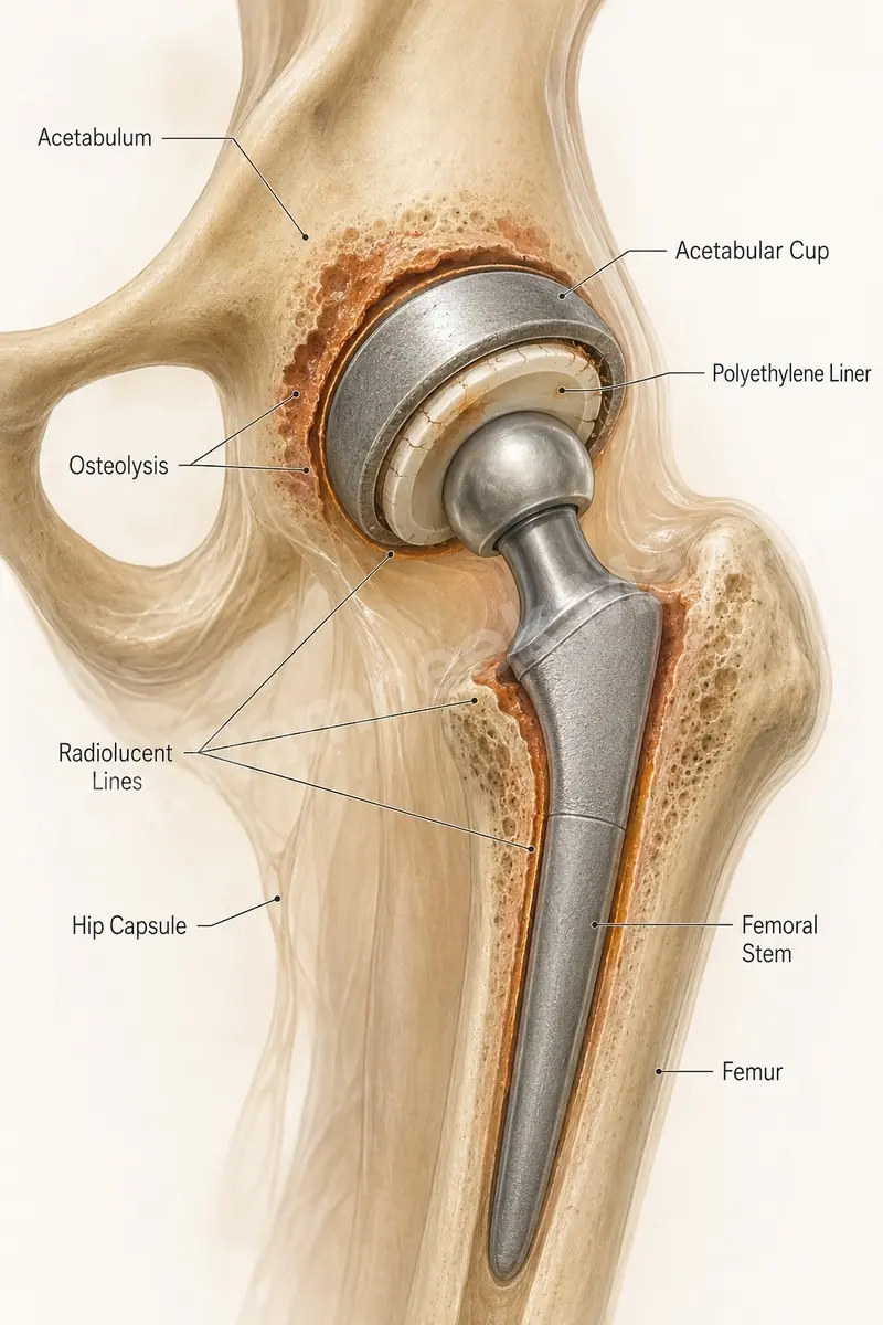Failed primary hip replacement with osteolysis around the cup and stem - the trigger for revision surgery.