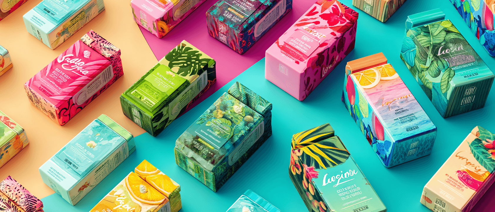 A colorful arrangement of various packaging boxes on a vibrant teal background.