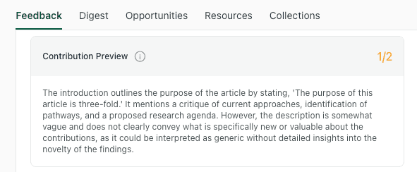 thesify feedback showing a Contribution Preview comment that flags when an introduction describes the topic but does not clearly state the paper’s specific contribution.