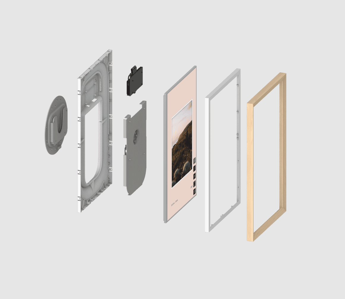 Exploded view of an NFT display frame, revealing the internal engineering components and design details, showcasing the structure and functionality of the device.