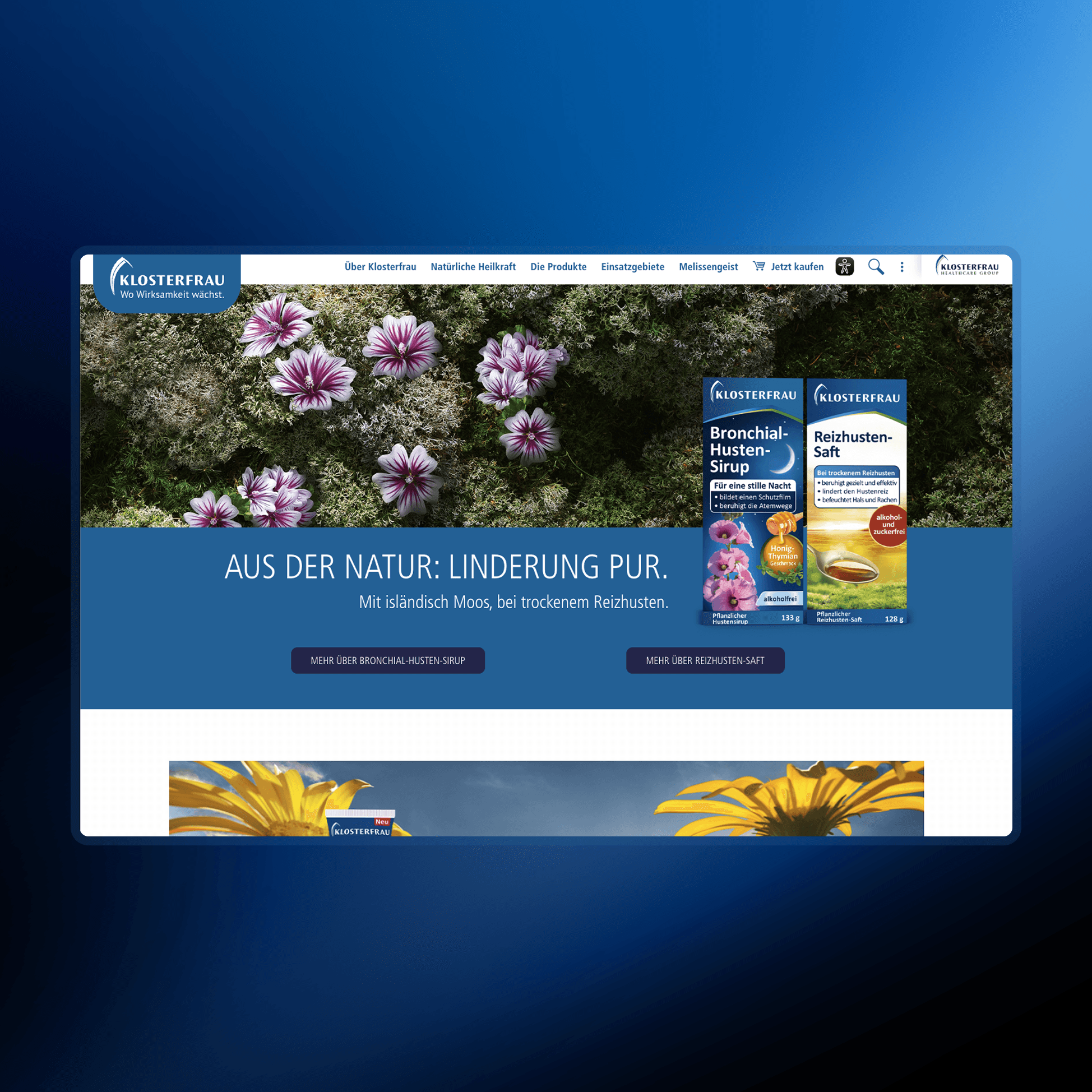 This webpage screenshot features an advertisement for Klosterfrau branded Bronchal Husten-Sirup and Reizhusten Saft against a natural backdrop of moss and flowers.