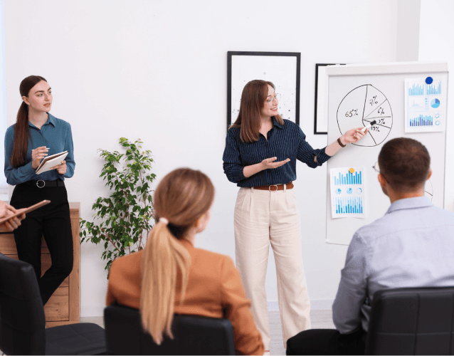 Leadership workshop with facilitator presenting to a group of professionals.