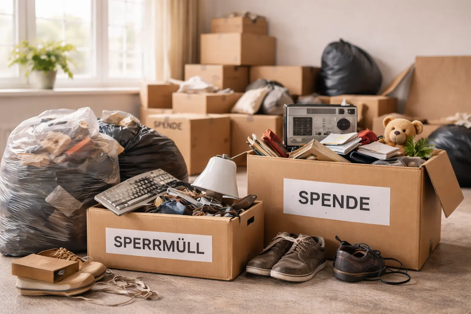 Entrümpelung einer Wohnung mit sortierten Gegenständen und Mitarbeiter im Hintergrund während der Räumung