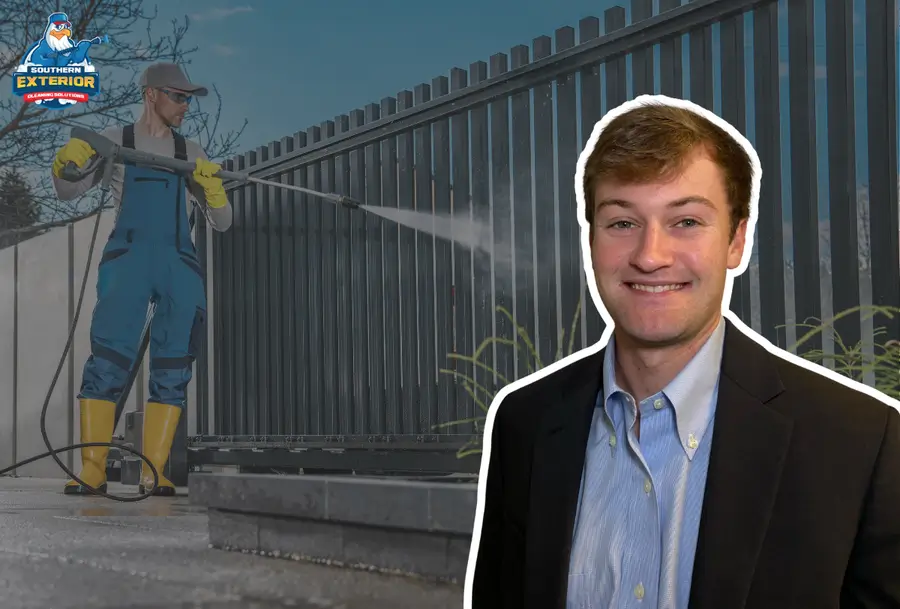 Southern Exterior Cleaning team pressure washing a fence with owner headshot overlay.