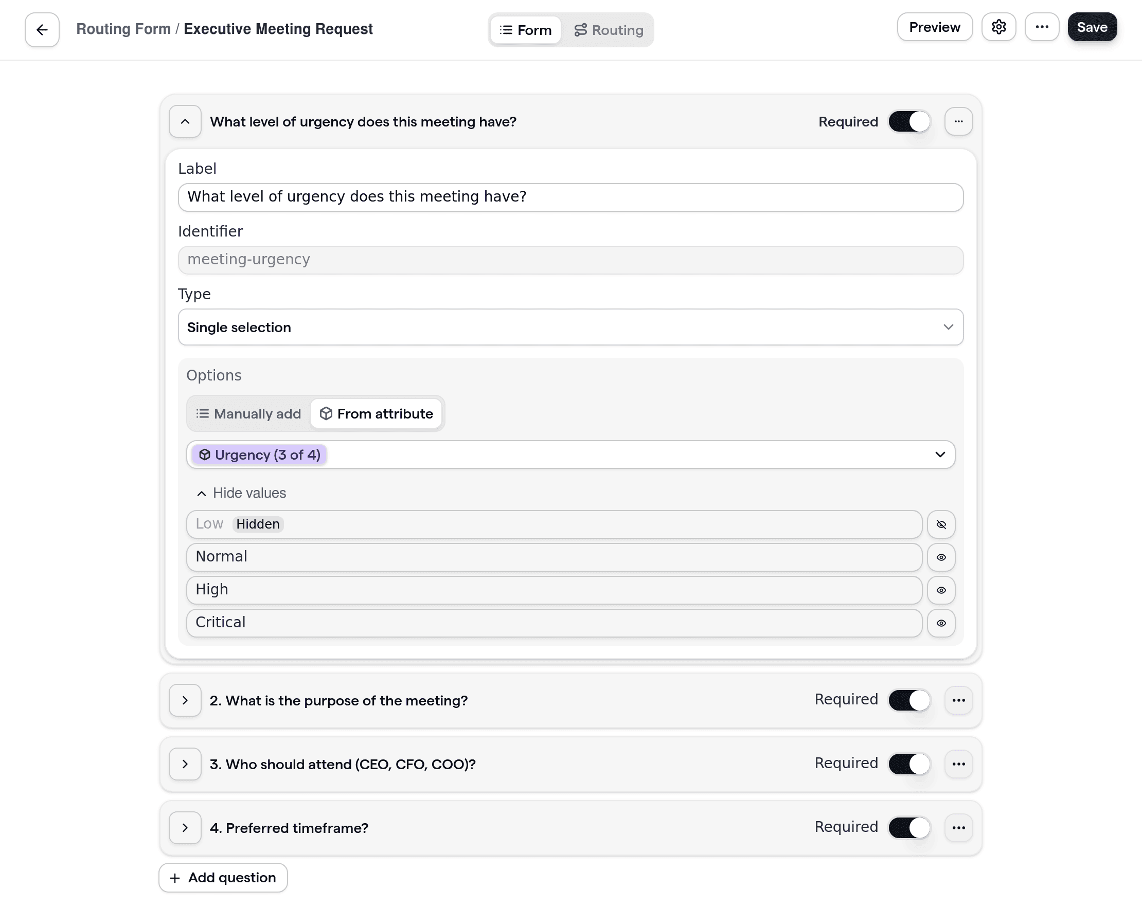 Executive meeting request routing form with tailored questions for C-suite scheduling.