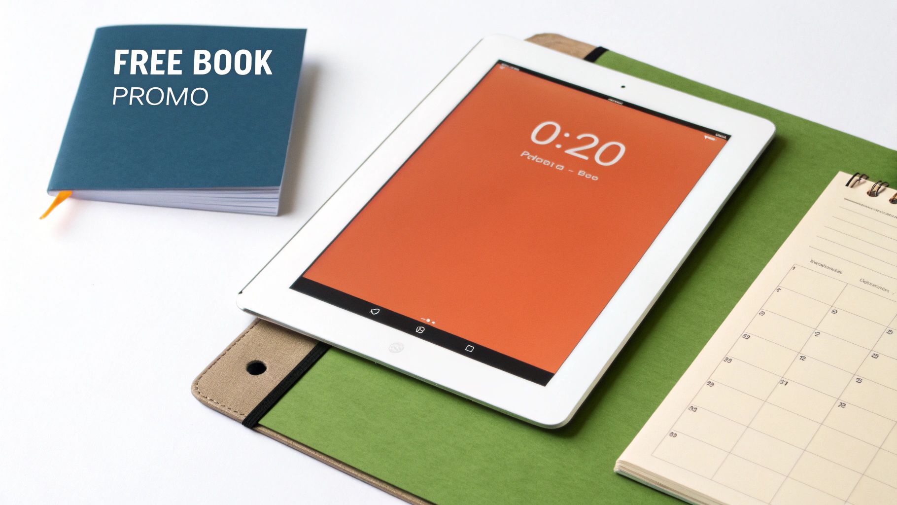 Overhead view of a blue 'FREE BOOK PROMO' notebook, a white tablet, and an open planner.