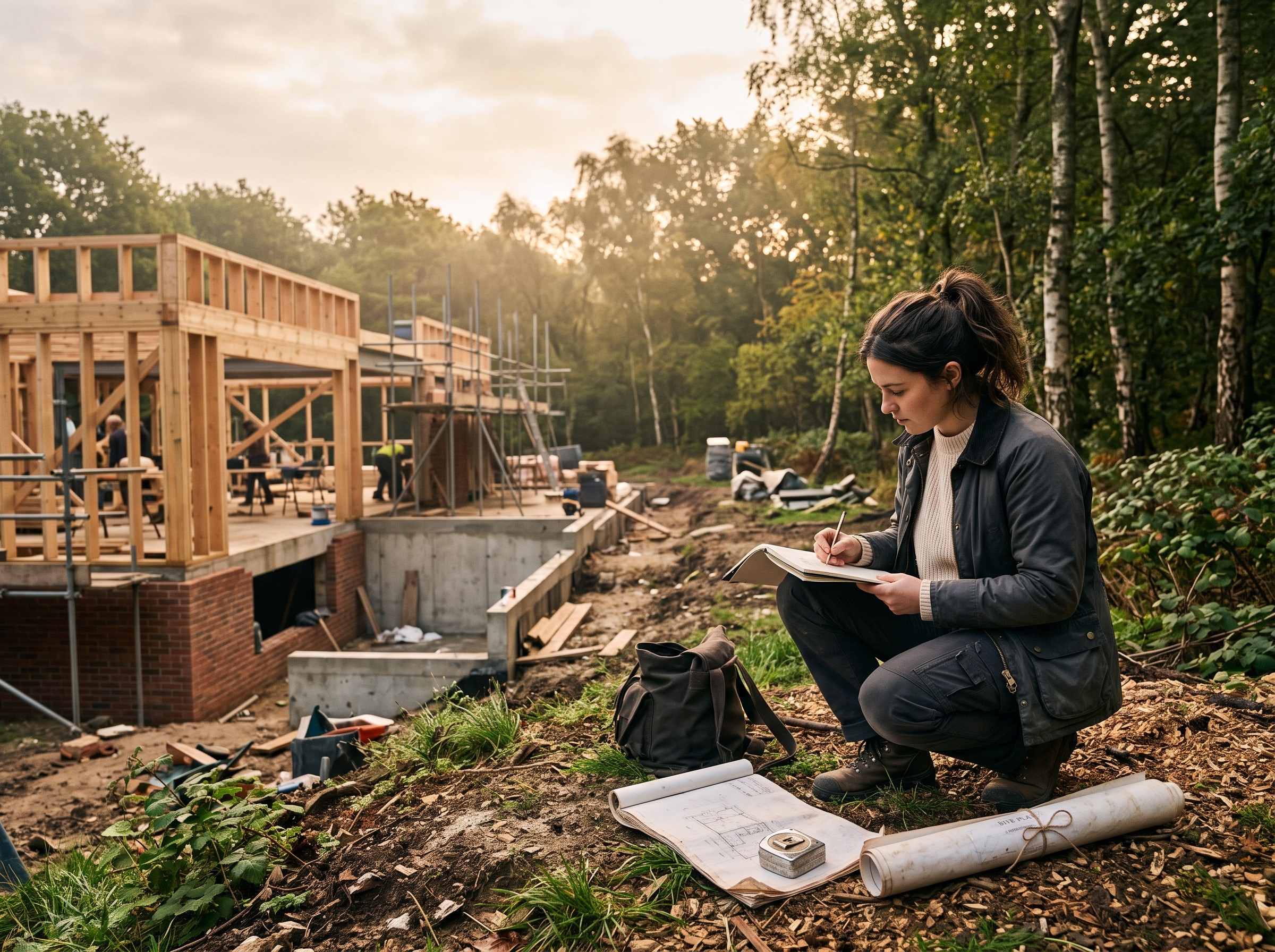On the building plot, a person crouches at the edge of a wooded site,