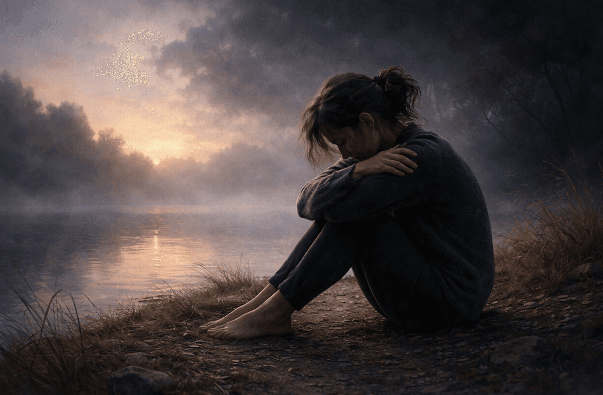 Person sitting by a misty lakeside at sunset with a closed, protective posture, symbolizing pain sensitivity and nervous system reactivity