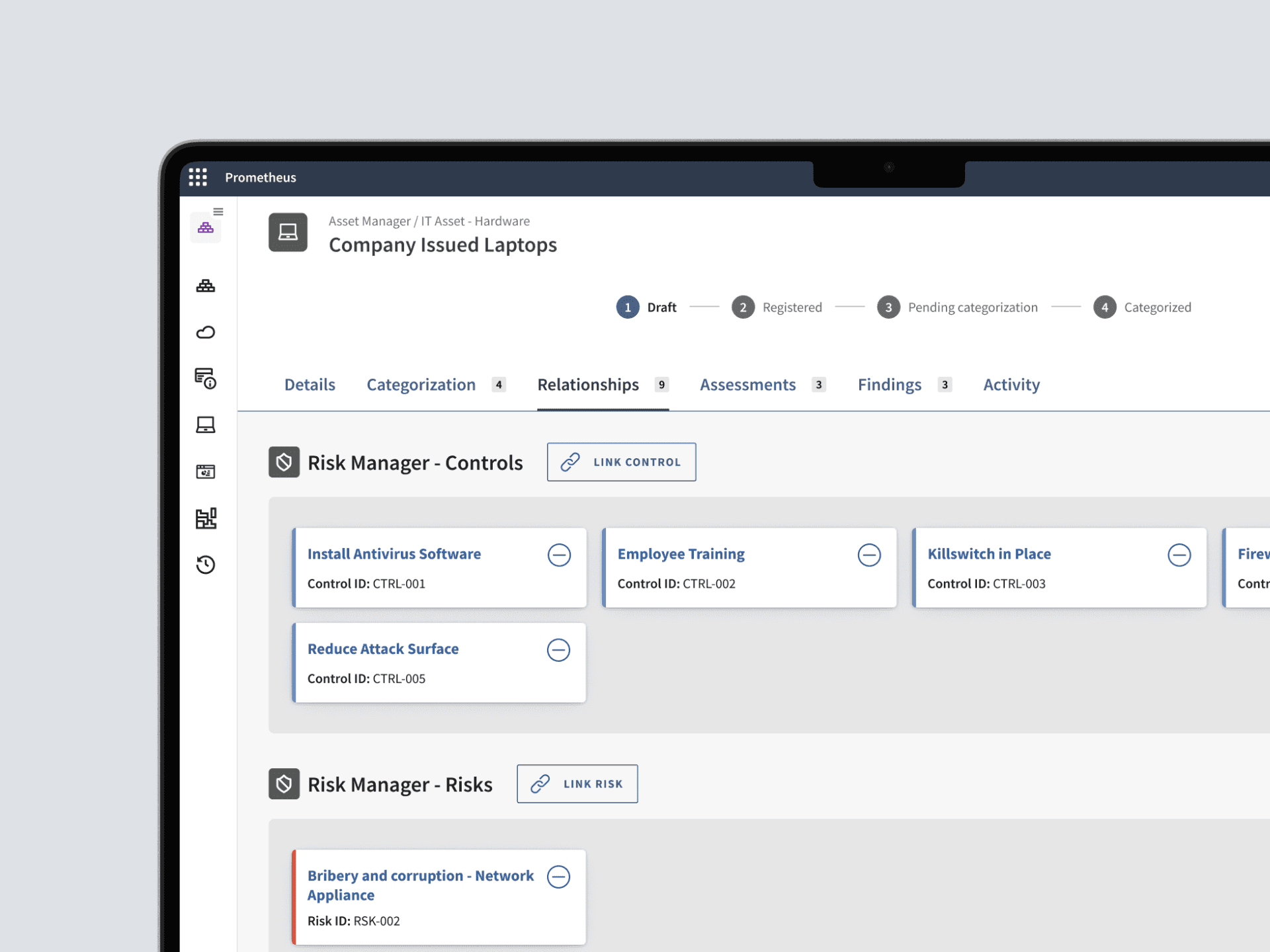 Enterprise SaaS dashboard displaying relationships between IT assets, security controls, and risk assessments.