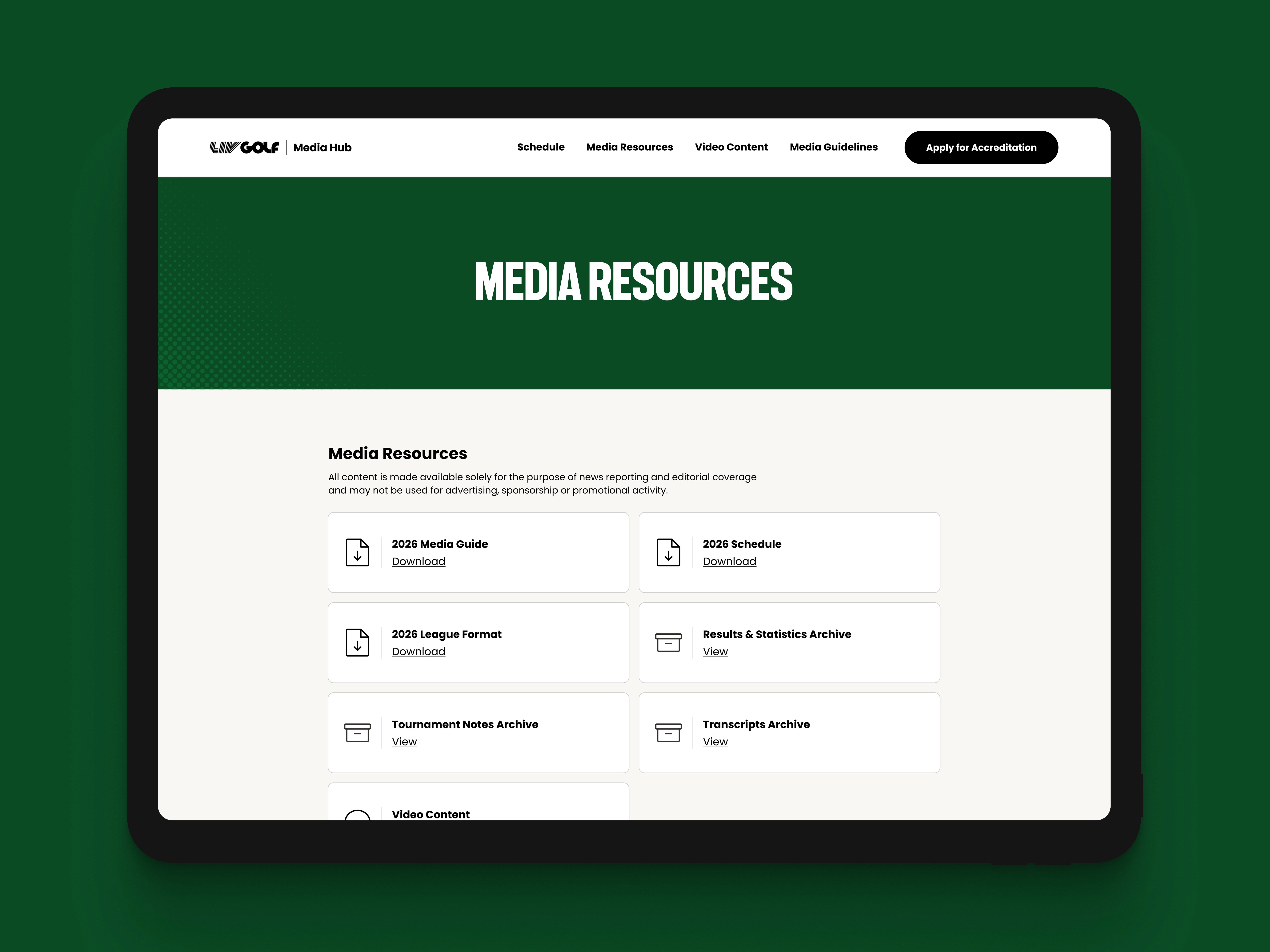 LIV Golf Media Hub resource library centralizing media guides, archives, transcripts, and tournament documentation.