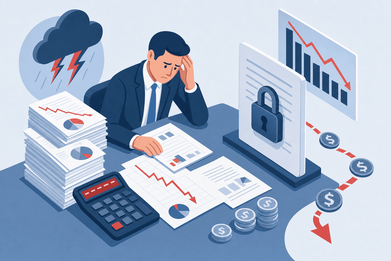Professional business illustration showing risk and financial pressure in contracting: a business person at a desk with worried expression, stacks of documents and cost reports, a calculator showing red numbers, charts trending downward, a contract document with a locked padlock symbol, and scattered coins or dollar symbols flowing away. Clean, modern isometric or flat design style with blue, gray, and red accent colors. No text, words, or letters.