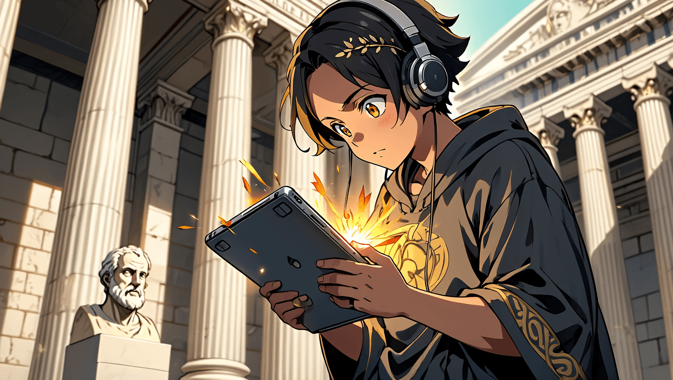 Joyful student studying with a tablet