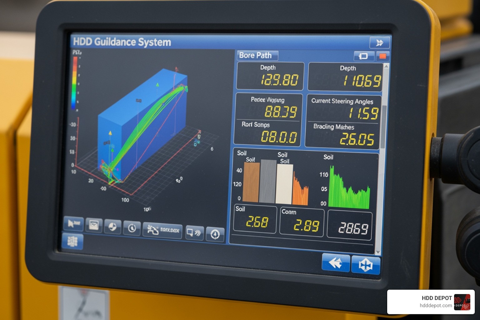 An HDD guidance system interface showing real-time tracking and bore path data