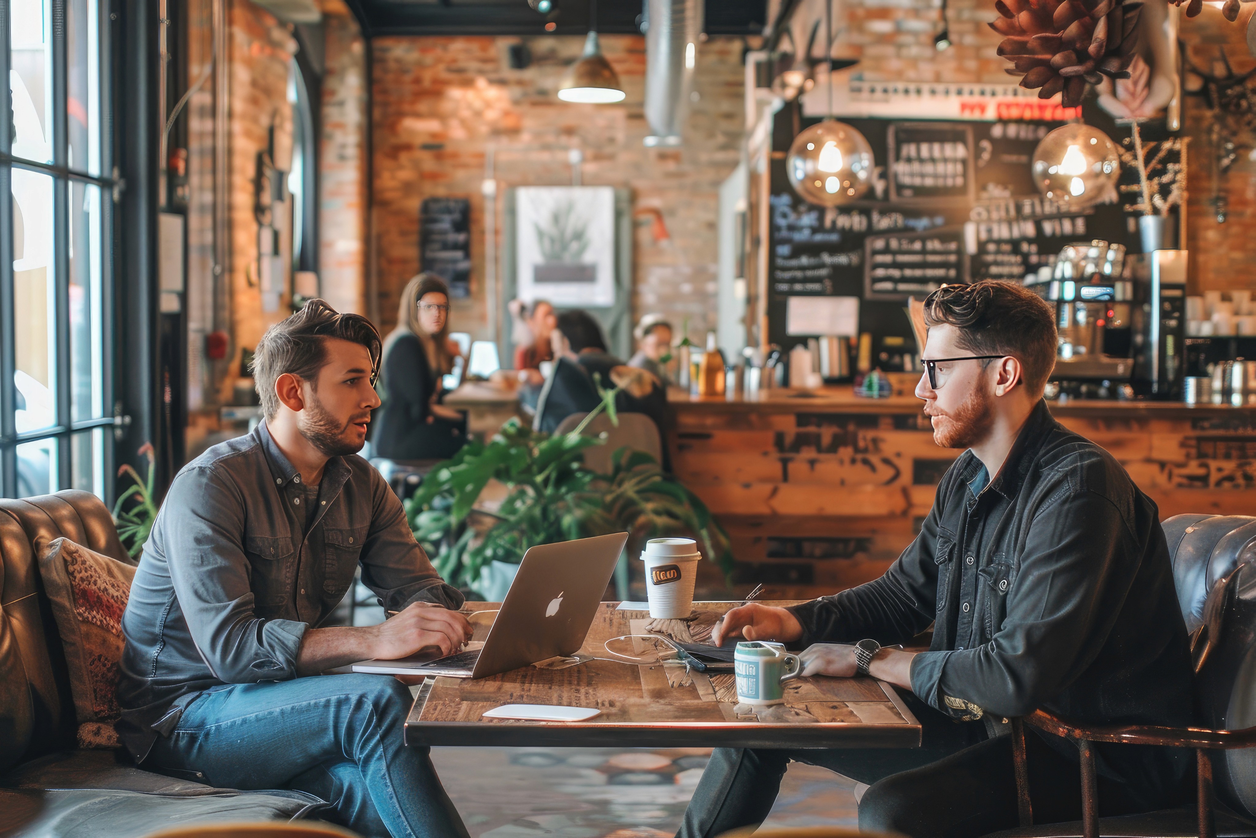 Two men having a work meeting with a laptop in a cozy café.