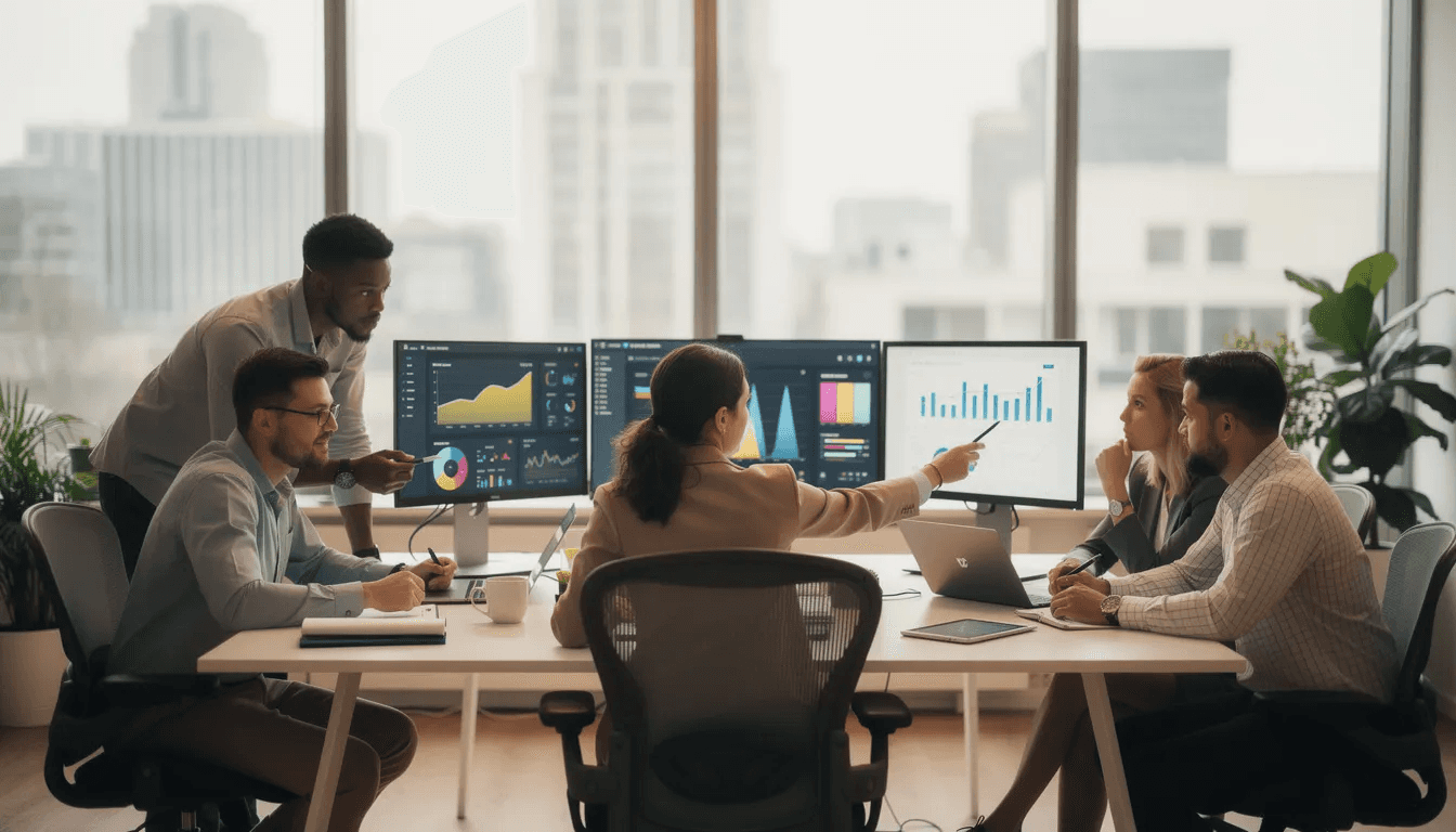 A team of professionals is gathered in a modern office, intently reviewing data displayed on computer monitors, focusing on customer orders and inventory management. The collaborative environment highlights the importance of operational efficiency and accurate order processing in enhancing customer satisfaction and streamlining the entire fulfillment process.