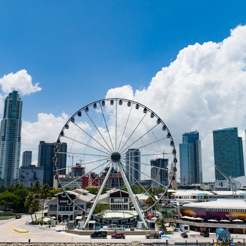 Una ruota panoramica davanti a un paesaggio urbano con diversi grattacieli sotto un cielo parzialmente nuvoloso.