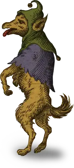 A small medieval style dog with a green hat and a purple cape.