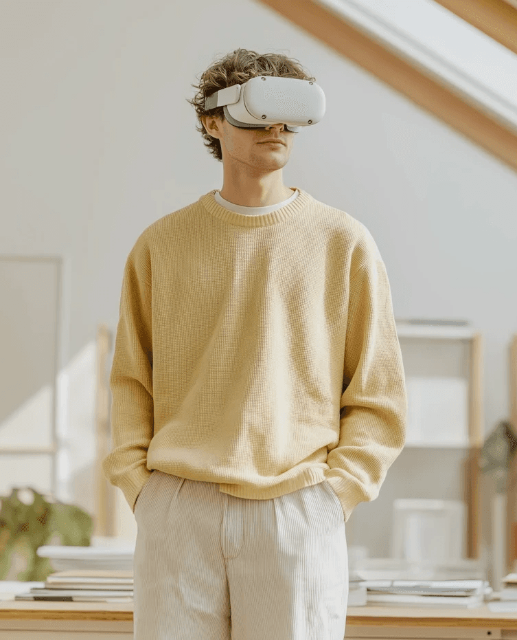 Man wearing yellow sweater and white VR headset indoors