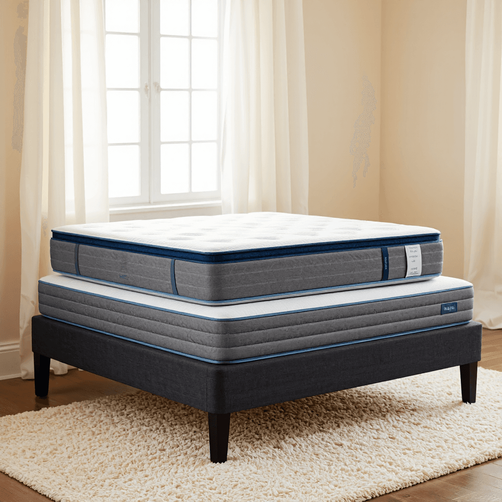 product photography of a set of mattresses stacked on a bed frame, designed for comfort and support