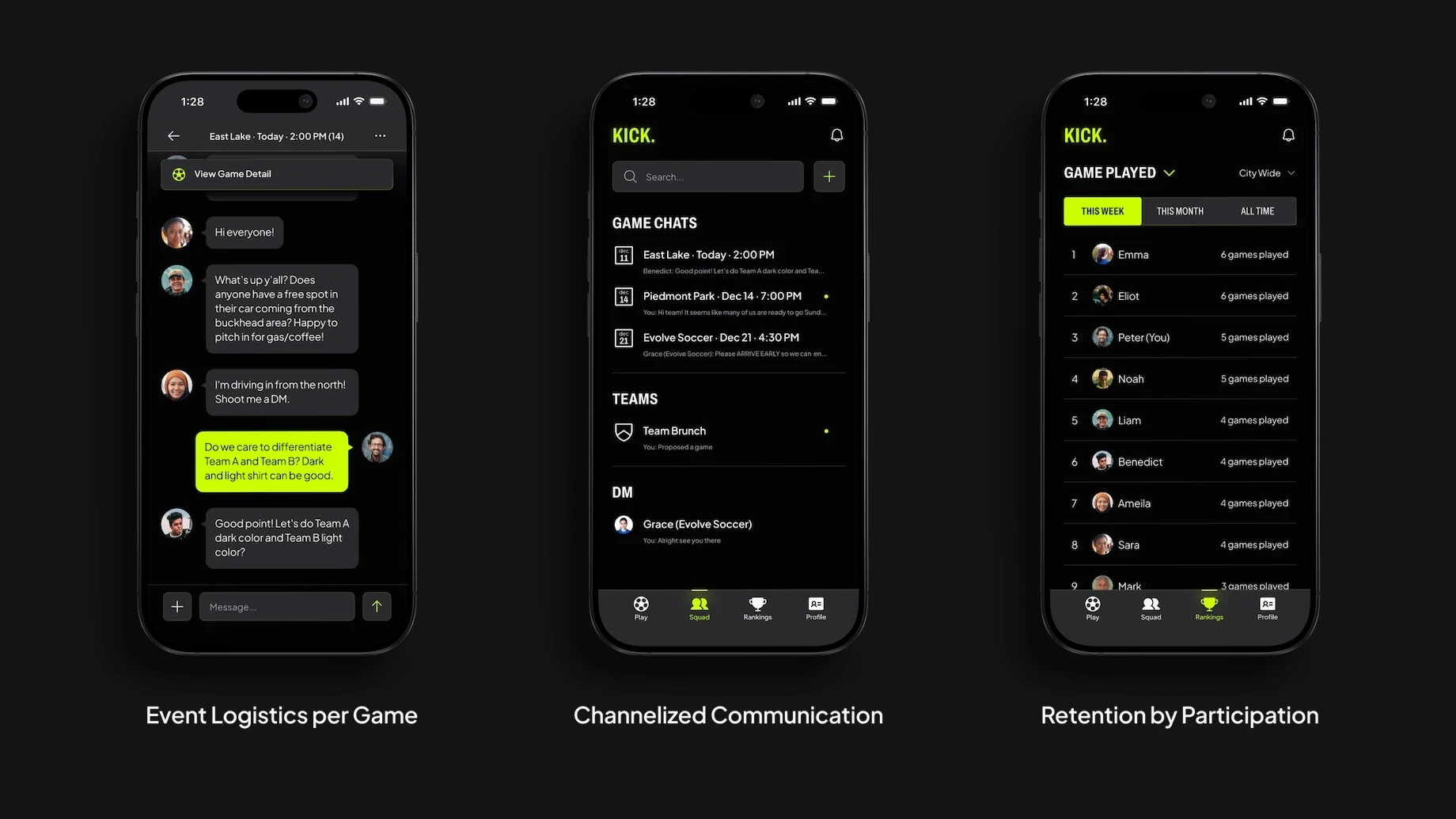 Three phone screens side by side on a dark ground, labeled event logistics per game, channelized communication and retention by participation: one game’s chat thread, a list of game chats, teams and direct messages, and a city-wide ranking counting games played.