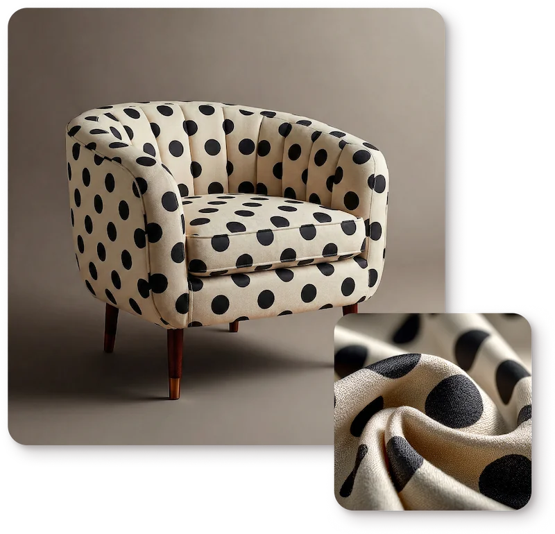 Black and white polka dot chair and fabric swatch