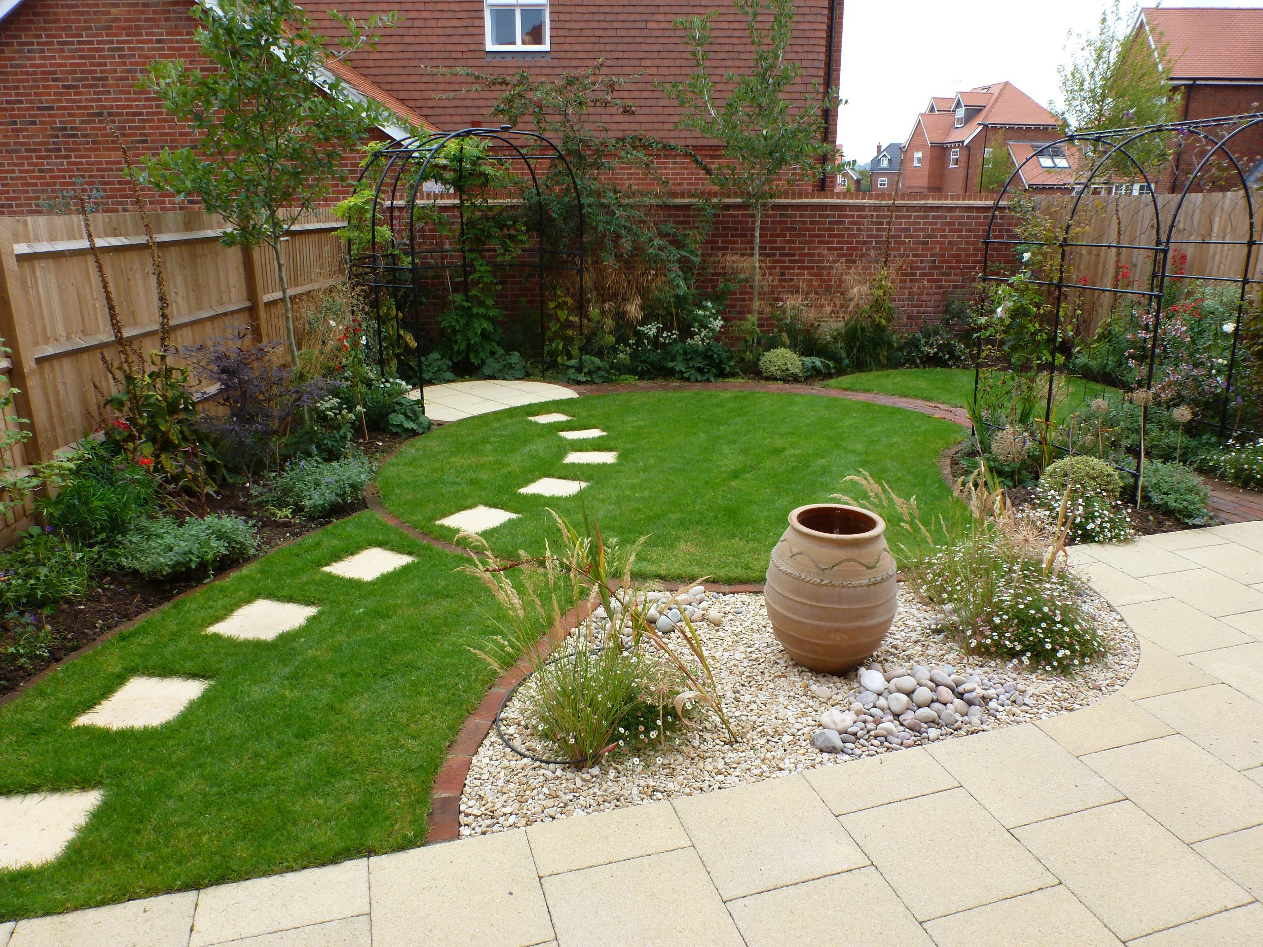 A landscaped garden with a lawn, stepping stones, and a paved patio