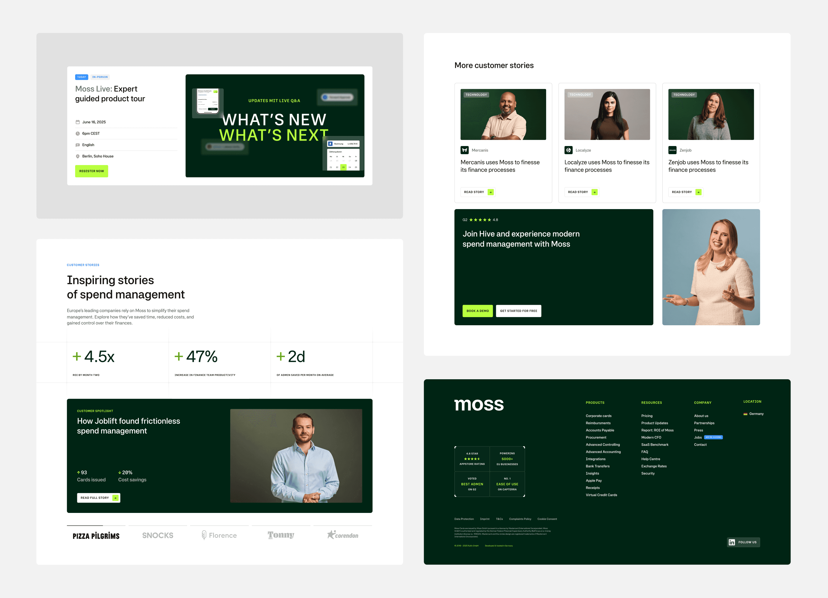 Grid of Moss website page layouts including a webinar page, customer stories and the site footer