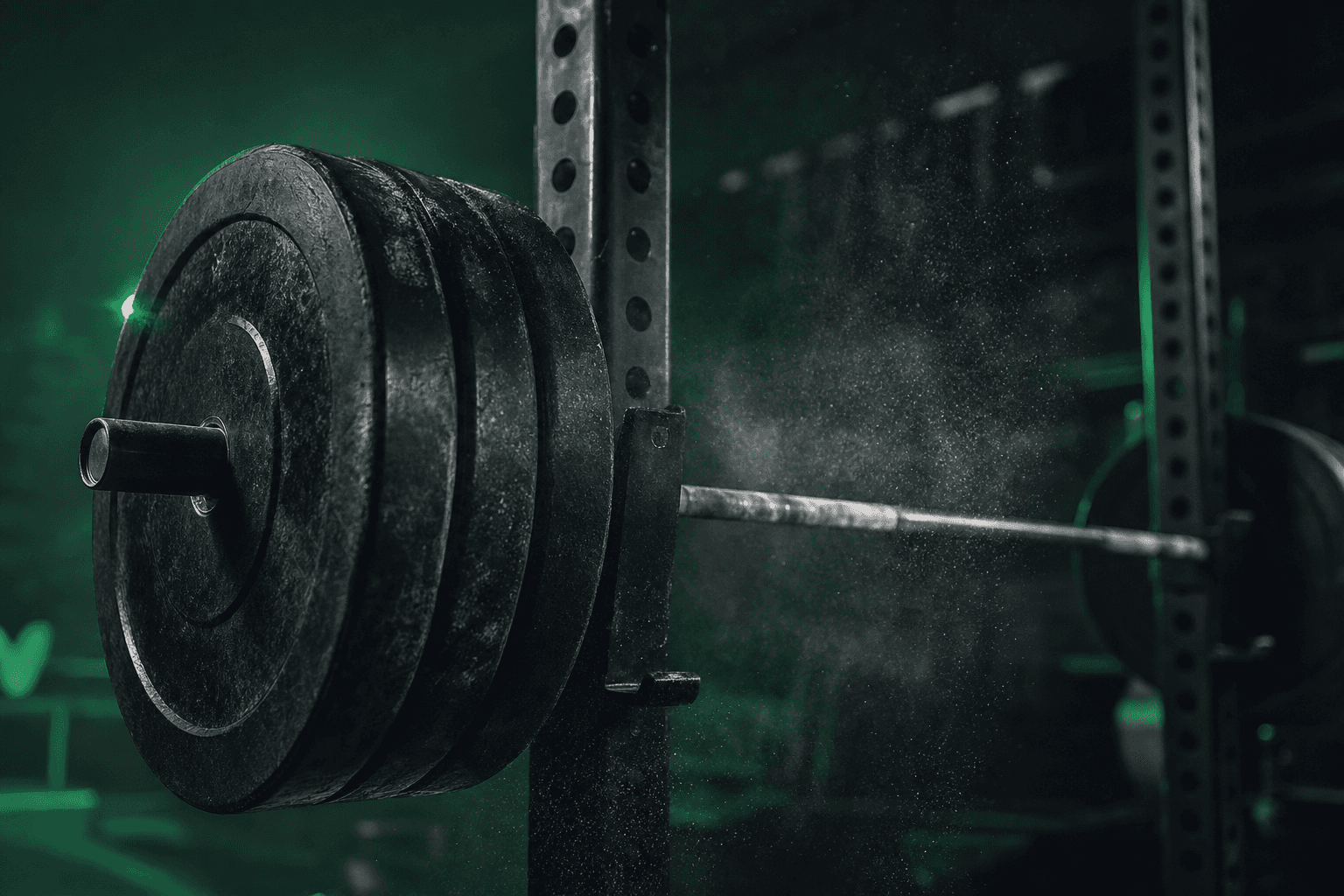 Heavily loaded barbell resting on a power rack with chalk dust in the air, representing the short intra-set rest of cluster set training