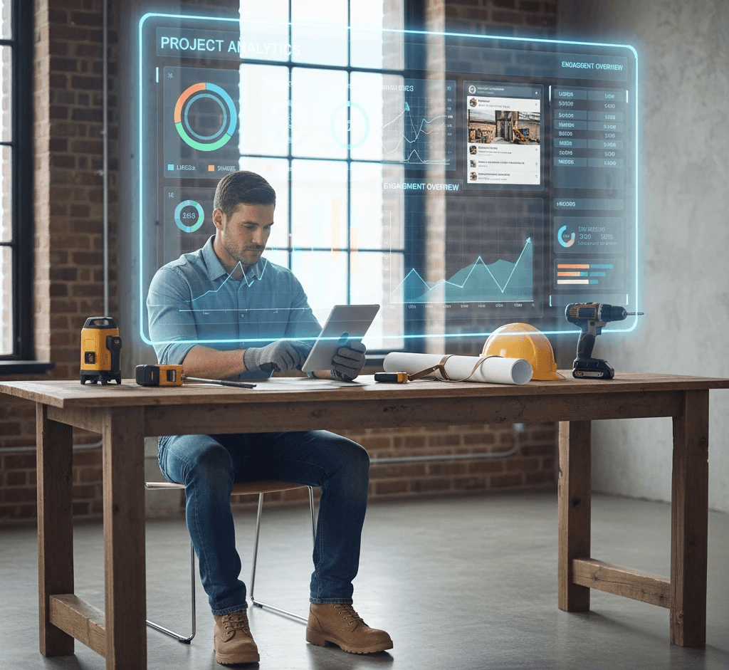 Contractor using a tablet to manage social media strategy, surrounded by construction tools and digital analytics dashboard, illustrating modern contractor social media strategy for lead generation.