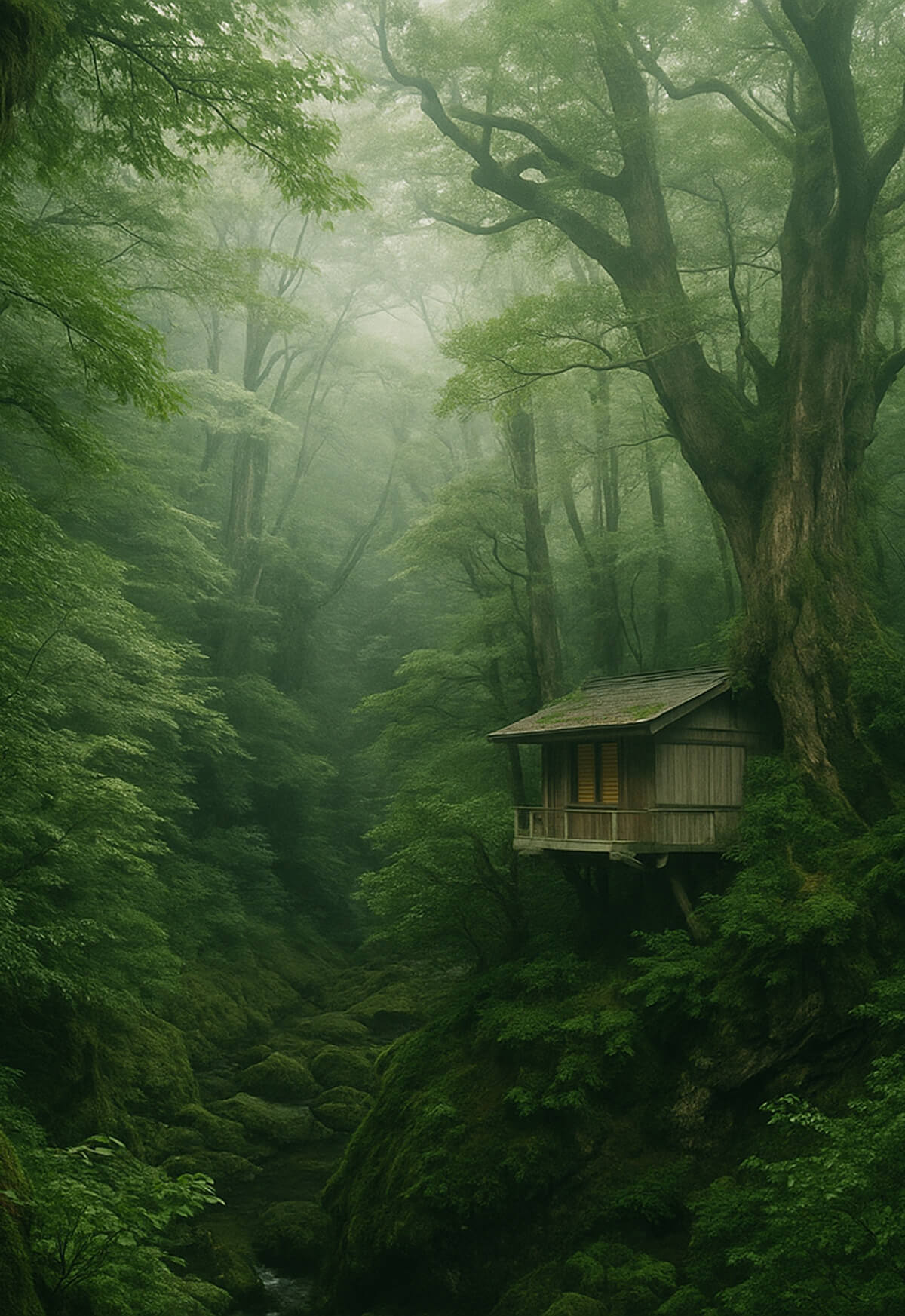 The image depicts a misty mountain forest landscape with dense greenery, soft light filtering through the trees, and a quiet, atmospheric gorge that emphasizes the serenity of the natural surroundings.