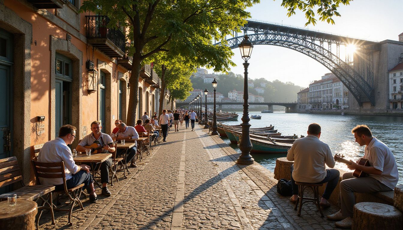 A bustling riverside scene in Ribeira, Porto, showcases historic houses, lively locals, and musicians by the Douro River.