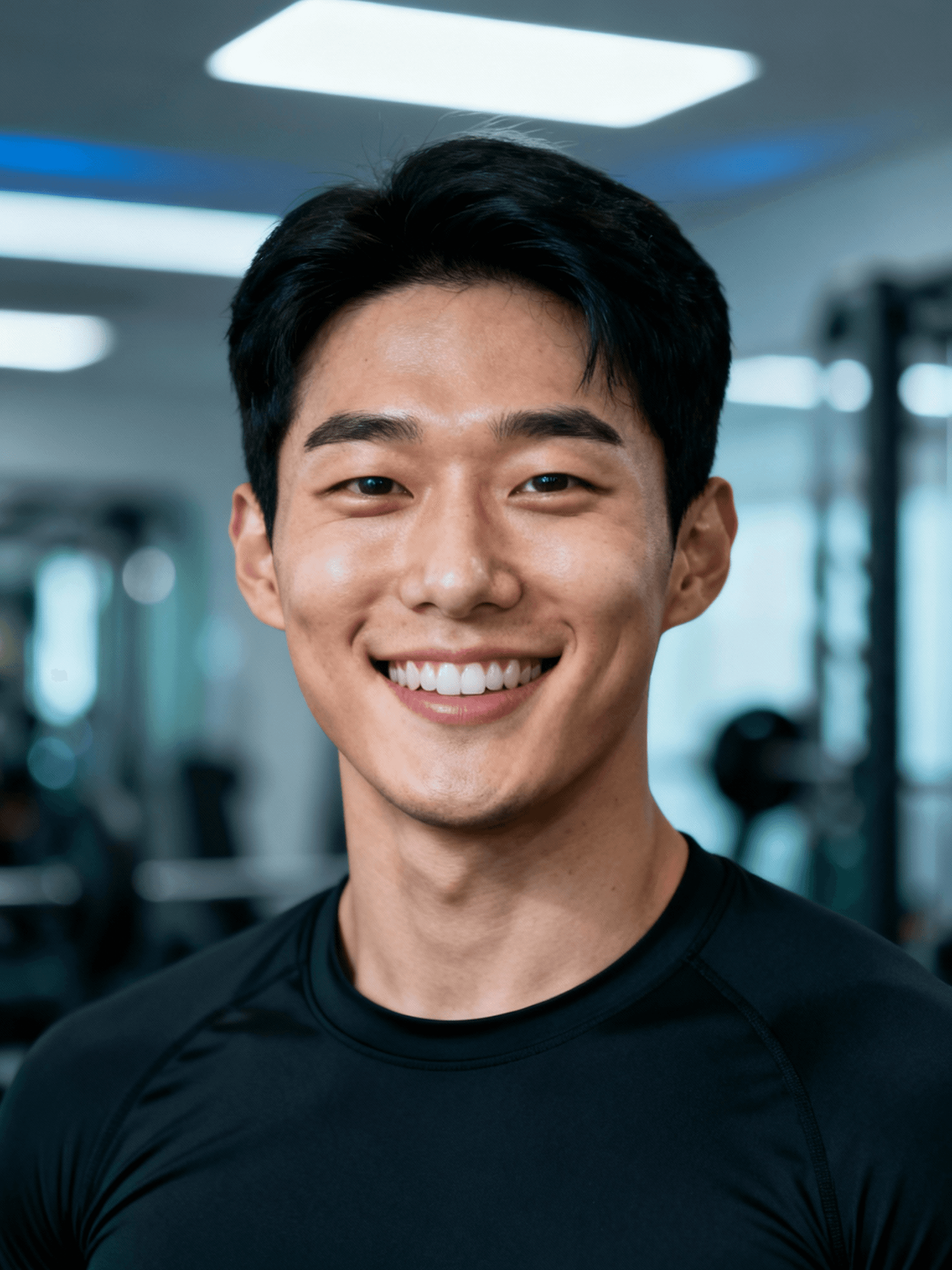 Smiling male athlete wearing a black performance shirt in a bright, modern gym setting.