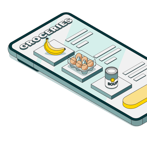 This illustration depicts a smartphone displaying a grocery shopping app interface featuring a banana, a carton of eggs, and a can of soup on virtual lists.