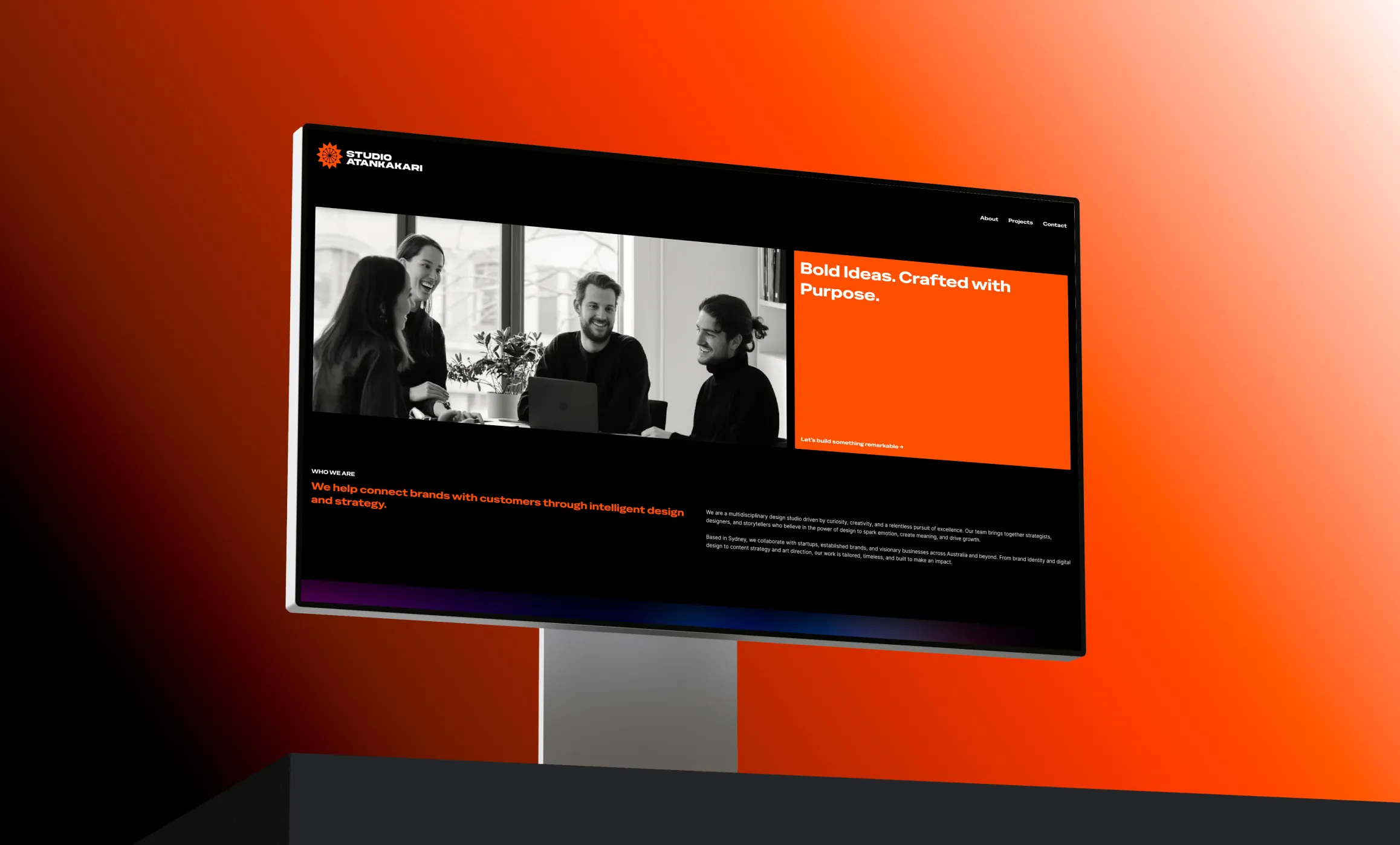 People interacting on a screen with an orange background.