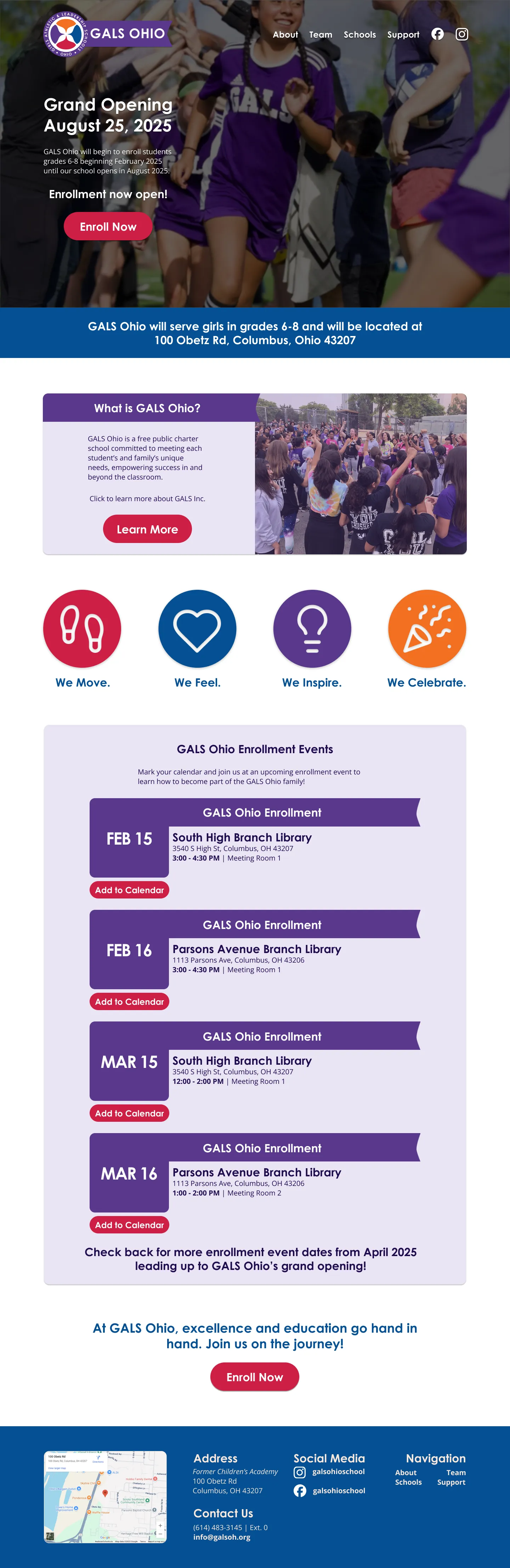 High-fidelity landing page concept for GALS Ohio exploring a distinct visual direction while maintaining the same enrollment-focused structure using GALS' national brand palette.