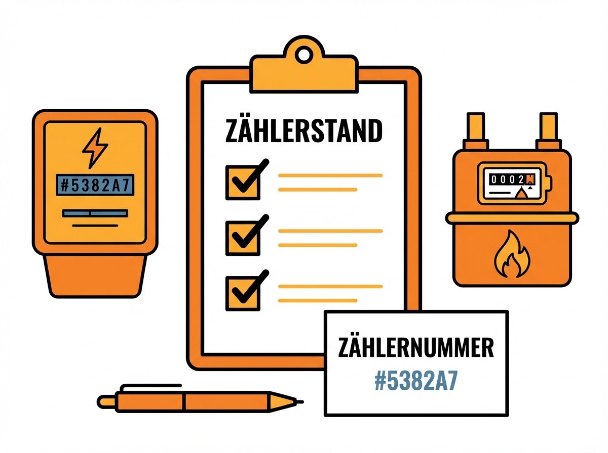 Illustration: Strom- und Gaszähler, Klemmbrett mit „Zählerstand“-Checkliste und Karte mit Zählernummer.