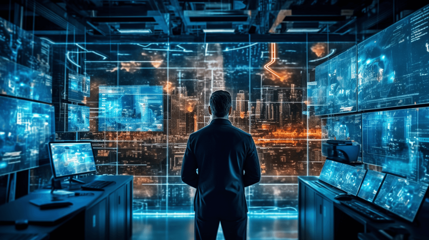 An external CISO in a suit stands in a high-tech control room with multiple glowing screens.