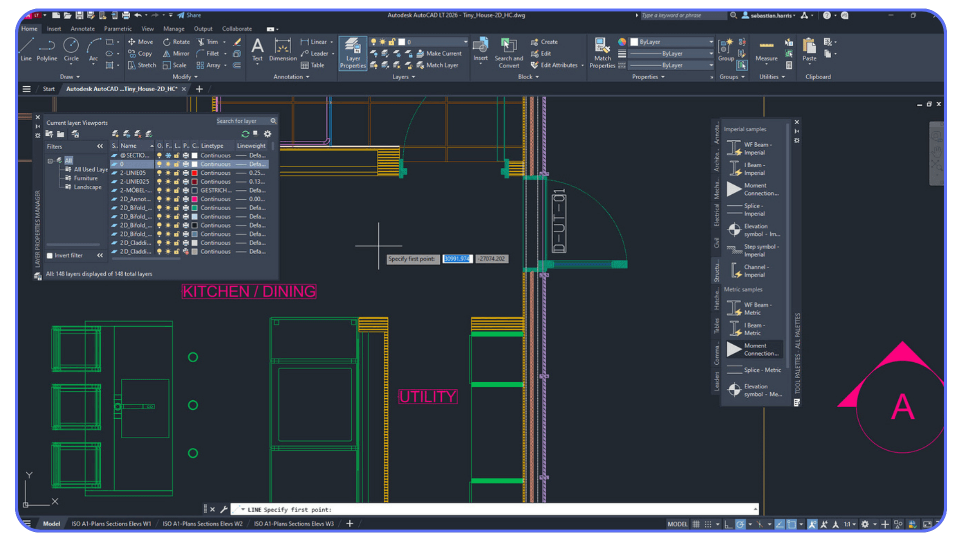 Detailed 2D AutoCAD kitchen and utility layout with layers, dimensions, and annotations visible
