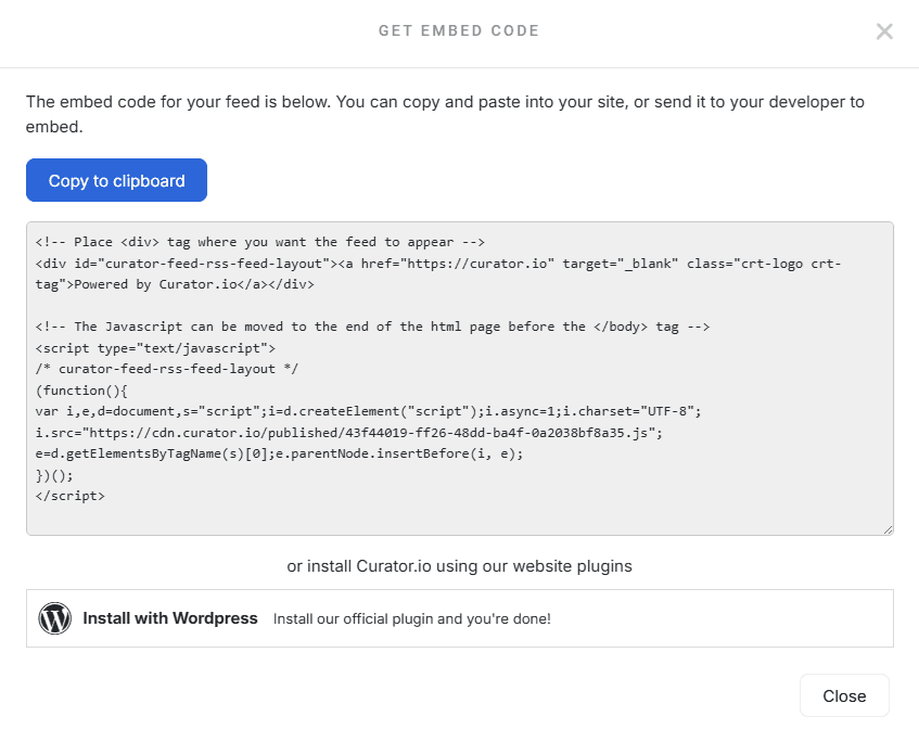 copy rss feed embed code and embed it in your website