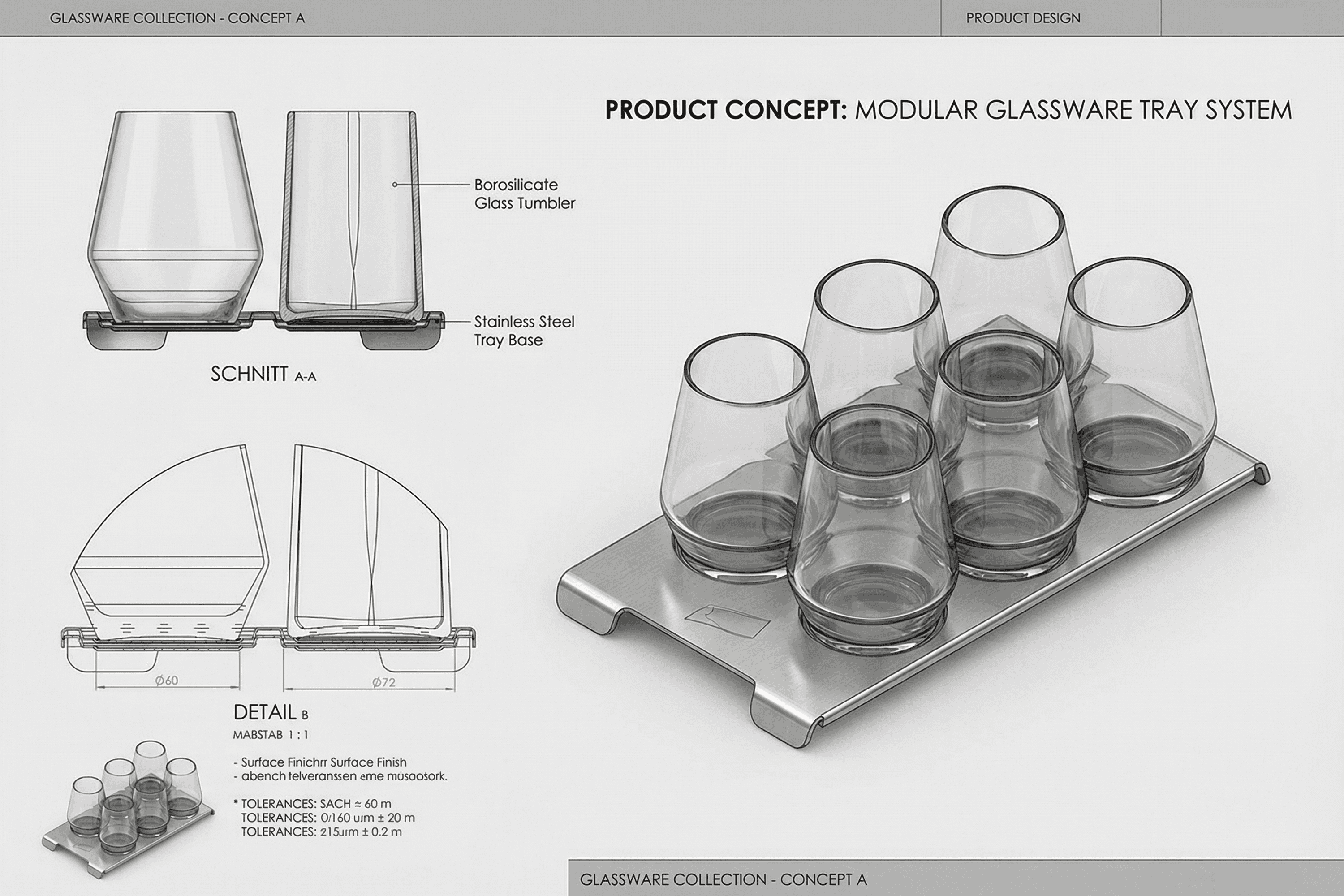 Modular glassware tray system with borosilicate tumblers