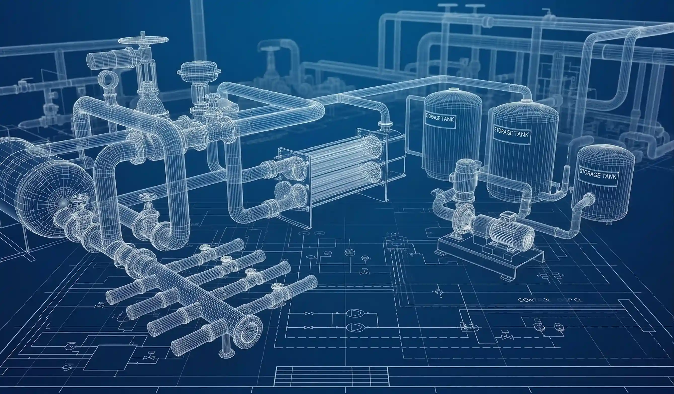 3D wireframe μηχανολογικό σχέδιο MEP με δίκτυα σωληνώσεων, αντλίες και δεξαμενές αποθήκευσης.